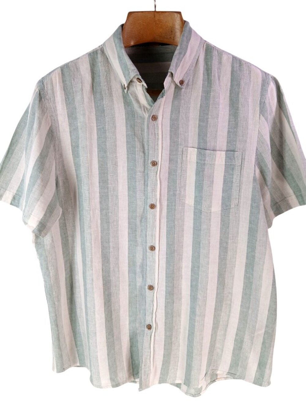 Tailor Vintage Mens Green White Striped Puretec Cool Linen Button Shirt Size L